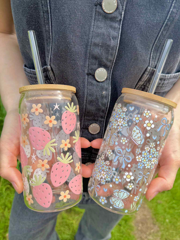 Blomsterdrøm glas med låg og sugerør