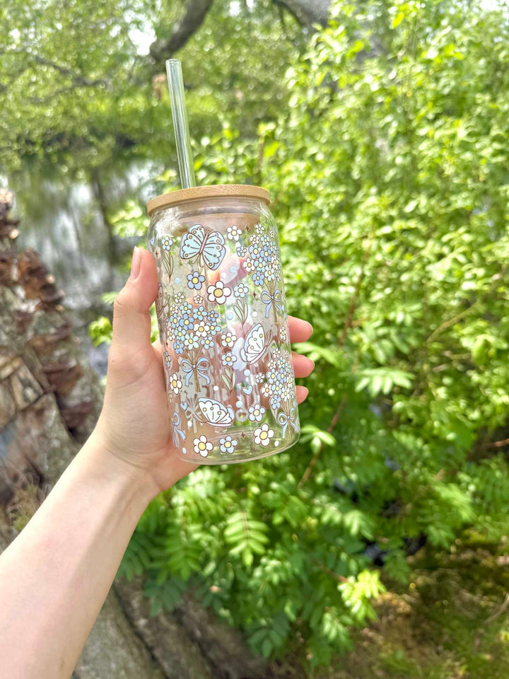 Blomsterdrøm glas med låg og sugerør
