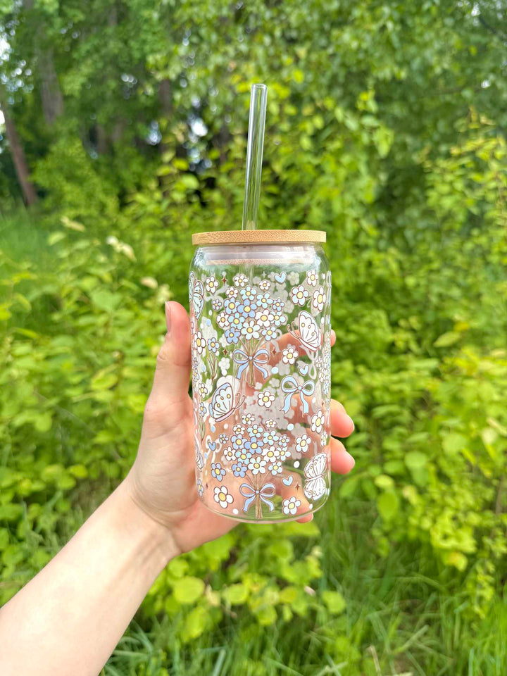 Blomsterdrøm glas med låg og sugerør